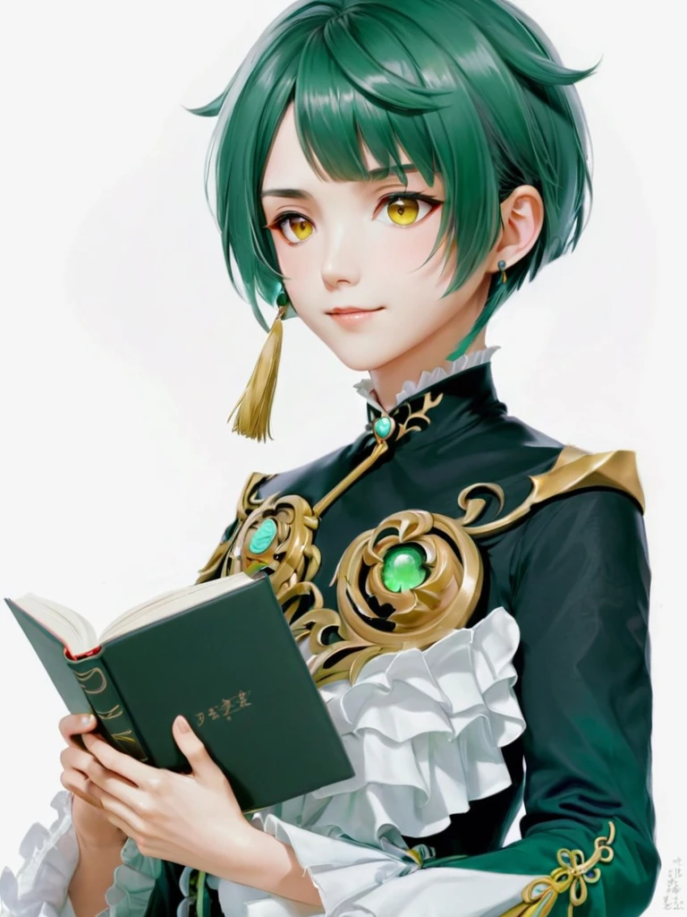 Xingqiu_\(Genshin Impact_Impact\), 一人in, Book, white_background, single_Earrings, Holding_Book, Earringss, jewelry, One girl, green_hair, Simple_background, Holding, male_concentrated, Frillsの_sleeve, upper_body, smile, Frills, length_sleeve, Looking_in_Audience, Closed_mouth, 前hair, yellow_eye, Tassel, flower, Open_Book, short_hair