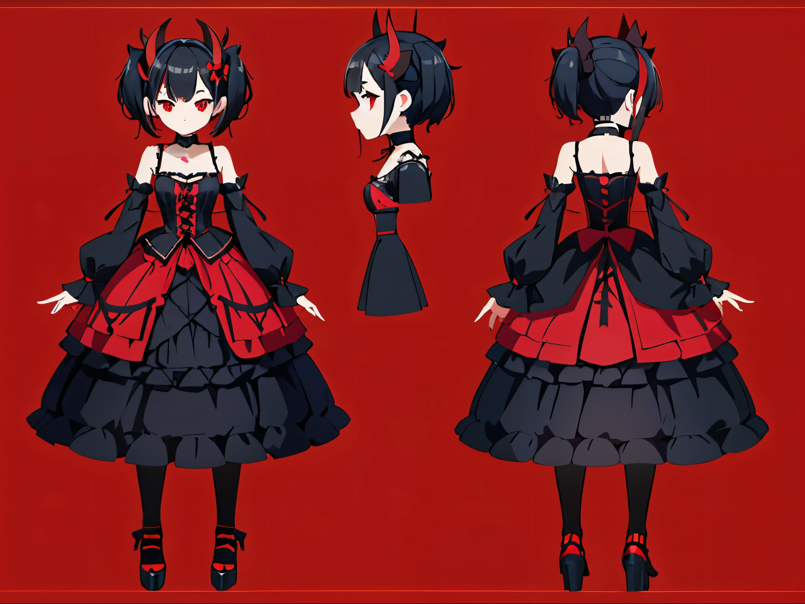 simple background, full body, character sheet, three view drawing, front and back and side, standing girl, top quality, A mischievous-looking female Vtuber with a devilish appearance. She has small horns, devil wings, and a pointed tail. She has short black hair with vivid red highlights, styled in a dynamic manner. Her sharp red eyes have a slightly provocative expression. She is dressed in a gothic lolita outfit with black and red as the main colors, featuring frills and lace details. Accessories include a choker, rings, and bracelets with devilish motifs.