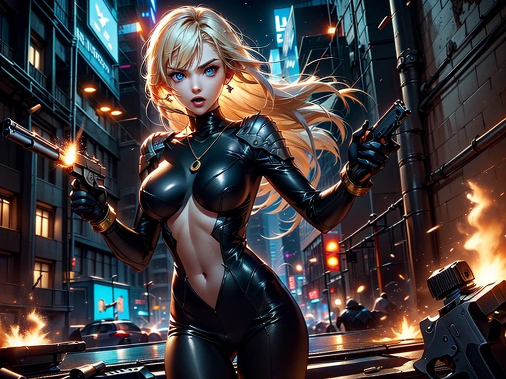 yawning, (hand over mouth), sleepy, masterpiece, highest quality, (solo focus), (perfect face:1.1), (high detail:1.1), 1girl, dimitripre, (((firing, bullet, gun, light particles))), blonde hair, (blue eyes, ((skimpy white dress)), red accents, blue accents, gold accents, ((transparent bodysuit)), pendant, earrings, jewelry, navel exposed, underboob, detailed background, loft, neon cityscape, cyberpunk, cinematic lighting