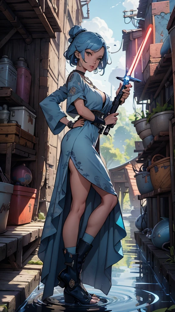 Jedi, Lightsaber, Tight tunics, legs, alien, curve, serious, Blue lightsaber, (Best quality)+, Masterpiece+Length of blue hair to the middle of the back, with a necklace and a blue dress and white, a halo of water over the head, Scales visible on the body and face, NSFW,pele ultra-realista,T-POSE, A-POSE,MODEL SHEET, 3d style, sexy