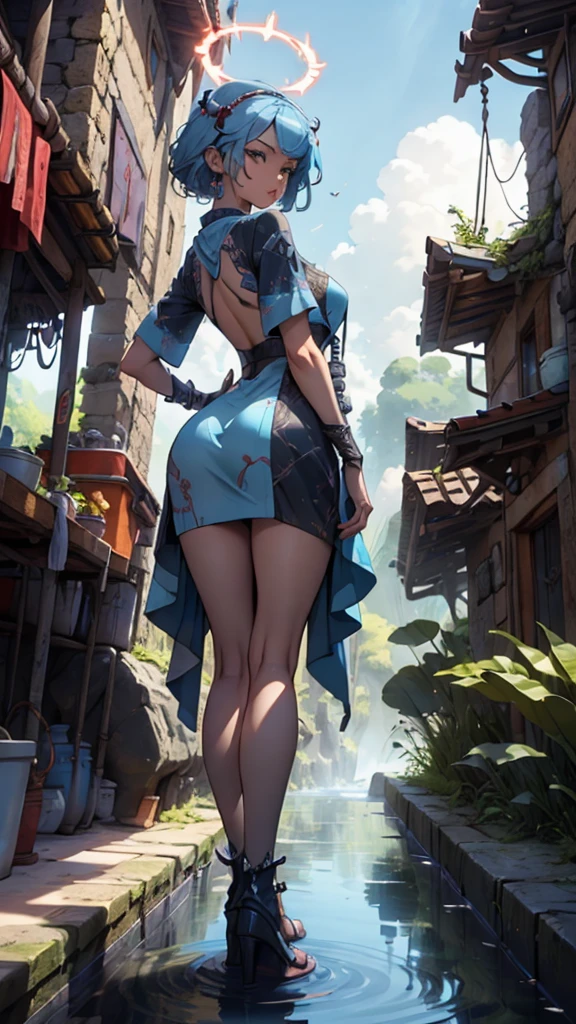 Jedi, Lightsaber, Tight tunics, legs, alien, curve, serious, Blue lightsaber, (Best quality)+, Masterpiece+Length of blue hair to the middle of the back, with a necklace and a blue dress and white, a halo of water over the head, Scales visible on the body and face, NSFW,pele ultra-realista,T-POSE, A-POSE,MODEL SHEET, 3d style, sexy