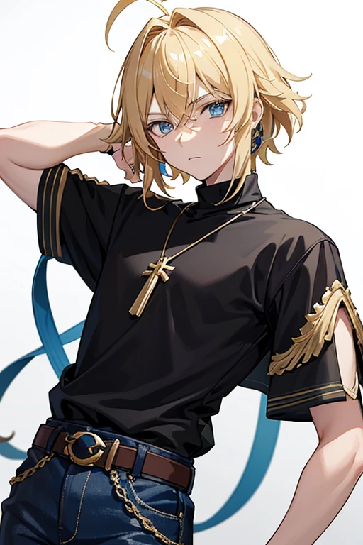 Tartaglia from Genshin Impact, boy, , messy blonde hair with bangs, blue eyes, black shirt with a green stripe, necklace with golden cross, blue jeans, light black belt, profile looking directly at the viewer, white background.