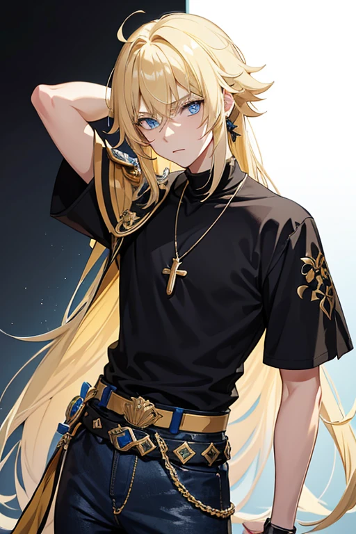 Tartaglia from Genshin Impact, boy, , messy blonde hair with bangs, blue eyes, black shirt with a green stripe, necklace with golden cross, blue jeans, light black belt, profile looking directly at the viewer, white background.