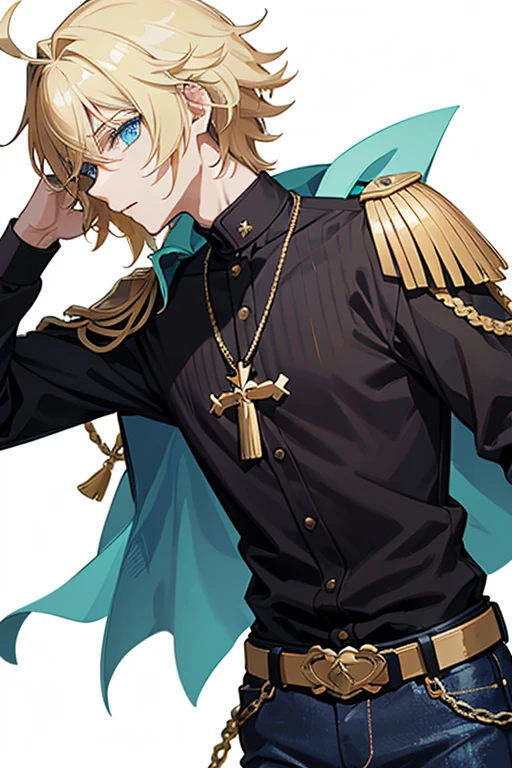 Tartaglia from Genshin Impact, boy, , messy blonde hair with bangs, blue eyes, black shirt with a green stripe, necklace with golden cross, blue jeans, light black belt, profile looking directly at the viewer, white background.
