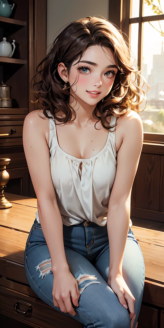 8K、masterpiece, highest quality, ultra high resolution, highest resolution, professional lighting, orange light lighting、Backlight、antique wood interior、indoor、cowboy shot、dim lighting、1Beautiful woman, small face、white skin、turquoise eyes、beautiful eyes、beautiful eyelashes、beautiful eyes、highlight:1.2)、beautiful feet、 (detailed face and iace:1 2)、almond eye、(curly hair、hair with volume、thin hair:1.3)、(three-dimensional lips、plump lips、half open mouth、teeth visible、smile:1.3) 、(oval face : 1.4)、(realistic skin texture, realistic))、((detailed face,round face contour、brown hair、Tank top、Damage to shorts、jeans、