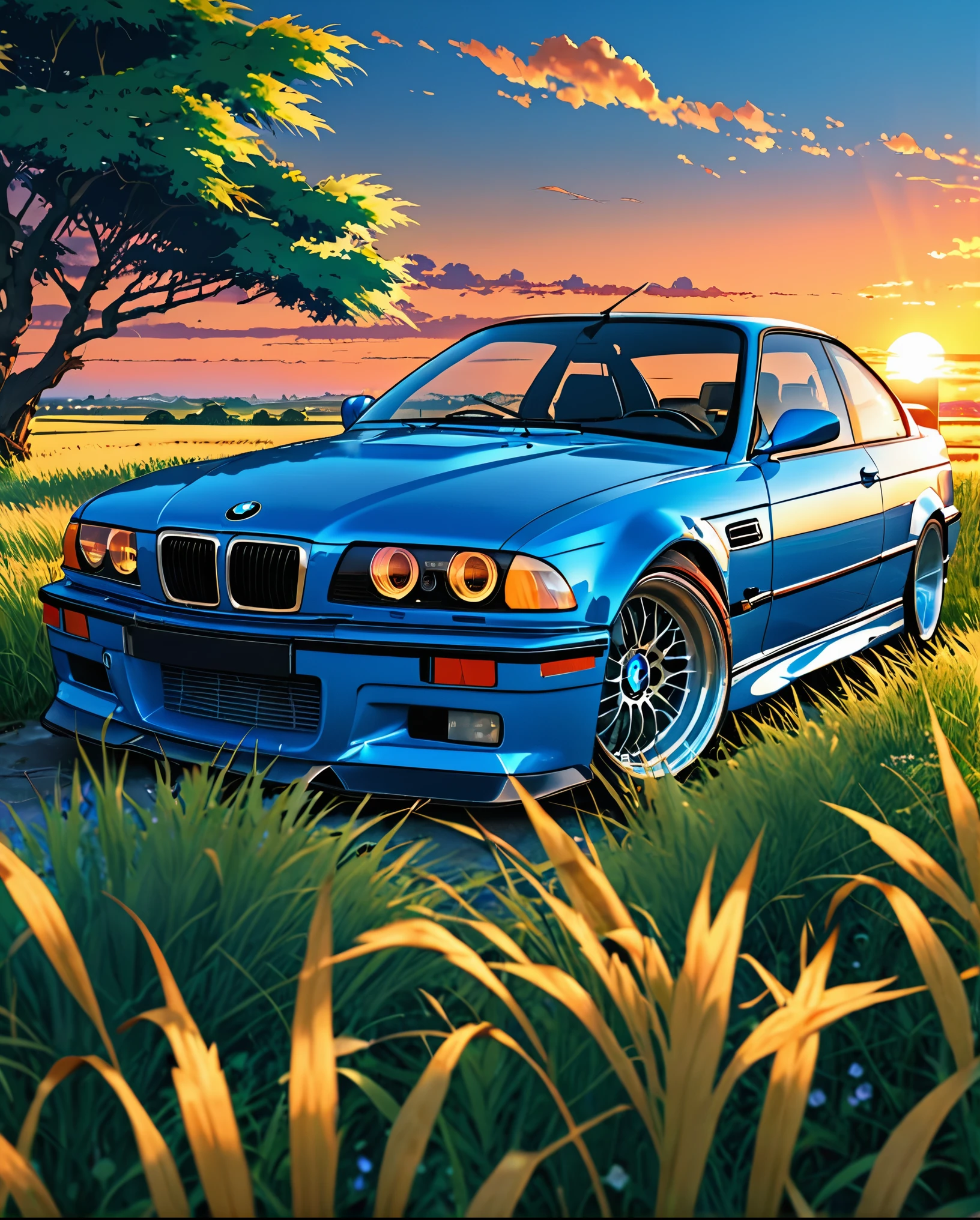 A classic BMW M3 E36 sports car in ABS blue、Anime scenery of a girl sitting in tall grass with a sunset in the background.Beautiful anime scene, Beautiful anime peace scenes, Makoto Shinkai Cyril Rolland, Beautiful anime scene, Awesome Wallpapers, Anime Art Wallpapers 8K, Anime Background, artistic Anime Background, anime wallpaper 4k, Anime Art 4K Wallpaper, Anime Wallpaper Art 4k,