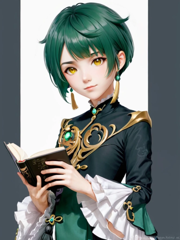 Xingqiu_\(Genshin Impact_Impact\), 一人in, Book, white_background, single_Earrings, Holding_Book, Earringss, jewelry, 1人のfemaleの子, green_hair, Simple_background, Holding, female_concentrated, Frillsの_sleeve, upper_body, smile, Frills, length_sleeve, Looking_in_Audience, Closed_mouth, 前hair, yellow_eye, Tassel, flower, Open_Book, short_hair