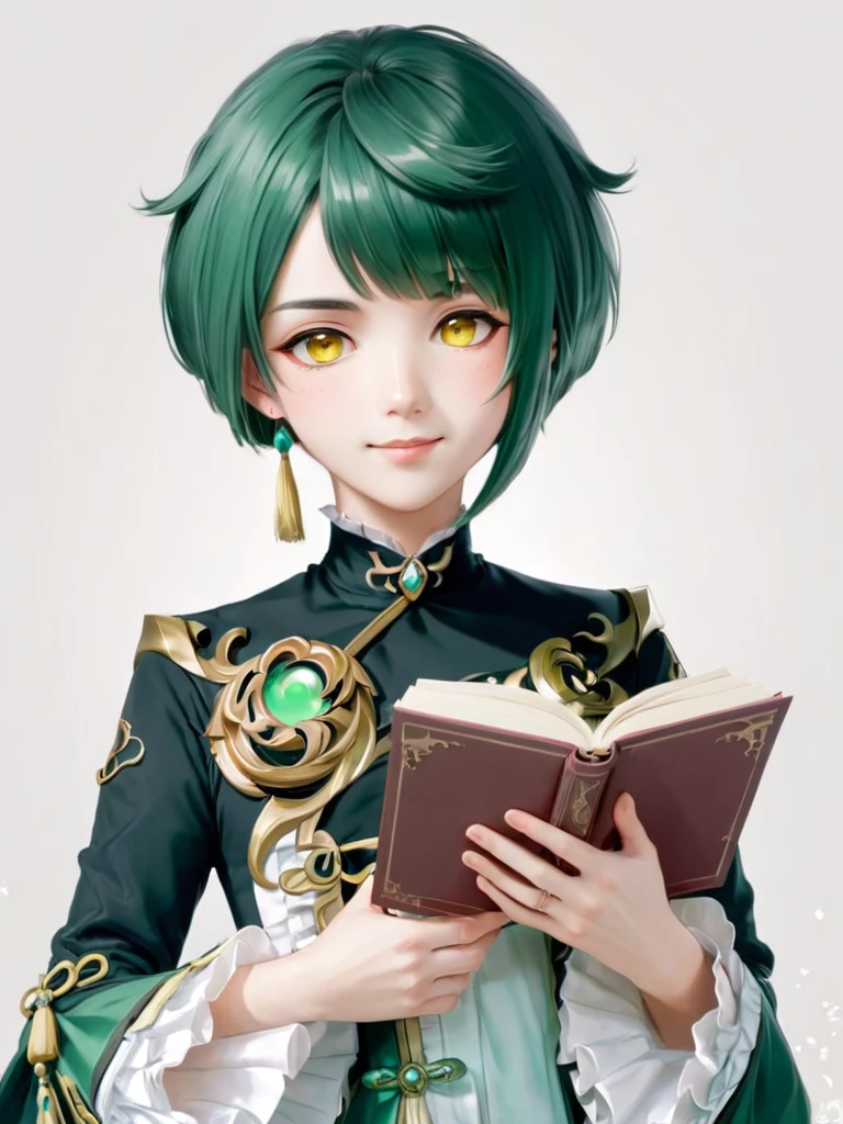 Xingqiu_\(Genshin Impact_Impact\), 一人in, Book, white_background, single_Earrings, Holding_Book, Earringss, jewelry, 1人のfemaleの子, green_hair, Simple_background, Holding, female_concentrated, Frillsの_sleeve, upper_body, smile, Frills, length_sleeve, Looking_in_Audience, Closed_mouth, 前hair, yellow_eye, Tassel, flower, Open_Book, short_hair