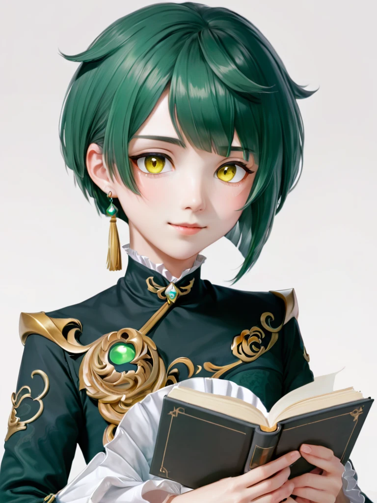 Xingqiu_\(Genshin Impact_Impact\), 一人in, Book, white_background, single_Earrings, Holding_Book, Earringss, jewelry, 1人のfemaleの子, green_hair, Simple_background, Holding, female_concentrated, Frillsの_sleeve, upper_body, smile, Frills, length_sleeve, Looking_in_Audience, Closed_mouth, 前hair, yellow_eye, Tassel, flower, Open_Book, short_hair