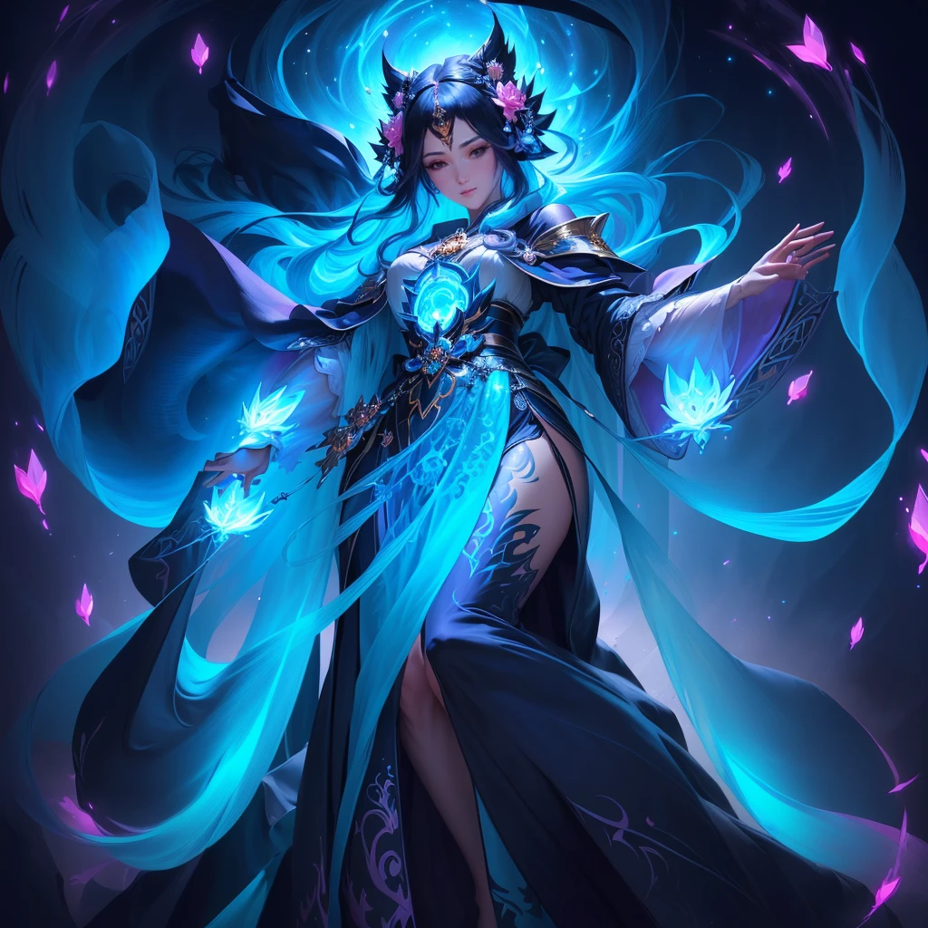 a closeup of a woman in a pink dress and a black cape, flowing magic robe, beautiful celestial wizard, Ross draws global illumination, rossdraws vibrant cartoons, priestess of balance, ornate and flowing tunic, detailed art of onmyoji, Beautiful full body concept art., cushart krenz art key women, full portrait of elementalist