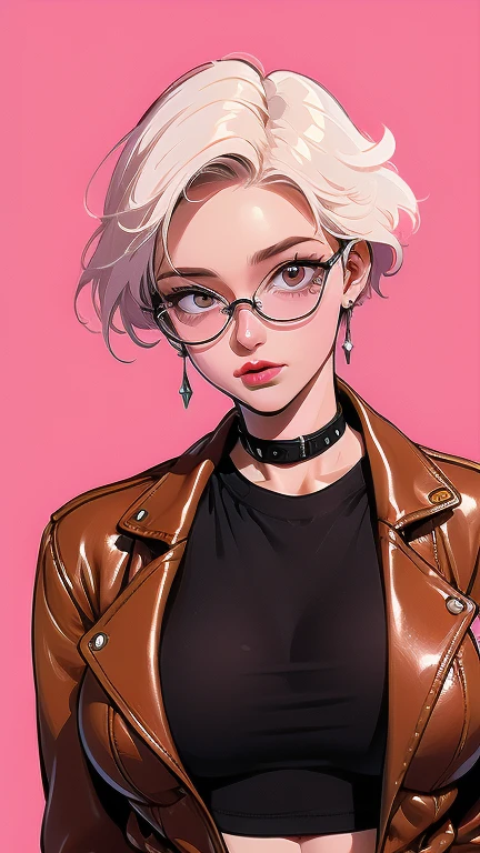 (masterpiece), best quality, expressive eyes, perfect face(masterpiece), best quality, expressive eyes, perfect face, a woman, 25 age,  80s style, short white hair, bronze skin, large breasts, big , brown leather jacket, amber eyes, aviator glasses, shirtless, under , pink nipples, neon city background, holsters, spike chocker, black crop t-shirt