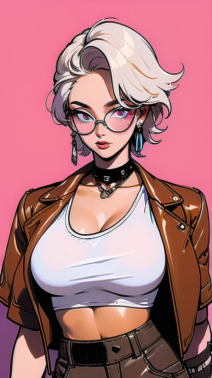 (masterpiece), best quality, expressive eyes, perfect face(masterpiece), best quality, expressive eyes, perfect face, a woman, 25 age,  80s style, short white hair, bronze skin, large breasts, big , brown leather jacket, amber eyes, aviator glasses, shirtless, under , pink nipples, neon city background, holsters, spike chocker, black crop t-shirt