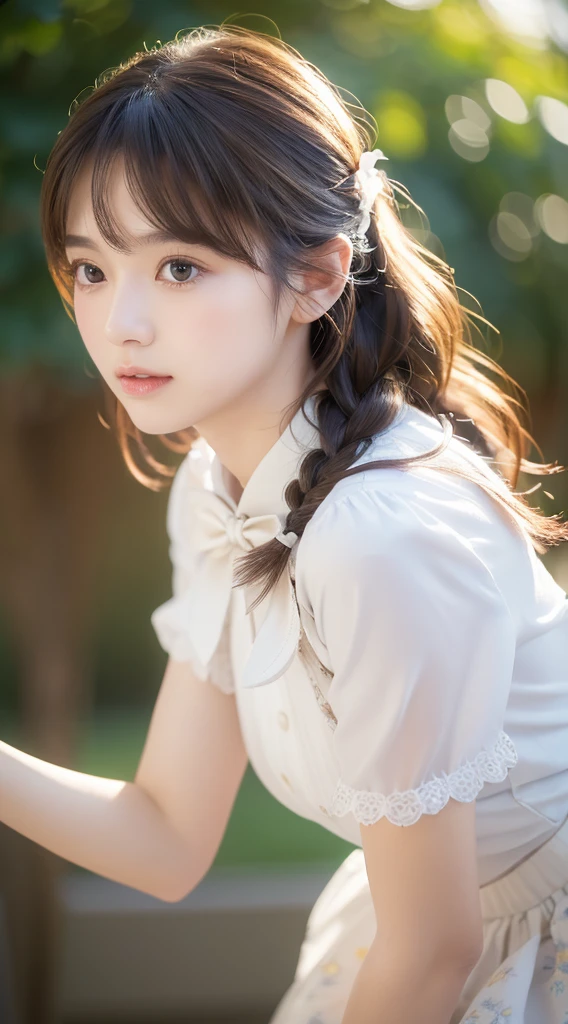 (masterpiece), (最high quality), (Very detailedな), (Best Shadow), (photoRealistic:1.4), Frilled blouse, skirt, white ankle socks, (((((A long shot of a woman walking slowly))))), high quality, masterpiece, Very detailedな, High resolution, 4K, 超High resolution, Detailed Shadows, Ultra-realistic, Dramatic lighting, One Girl, alone, Detailed face, Realistic eyes, Realistic Skin, Dynamic Hair, Dynamic pose, Dynamic Angle, White floral dress, White Background, Urzan-6500-v1.1, (RAW Photos:1.2), ( Realistic:1.4), Beautiful detailed girl, Very detailed eyes and face, Beautiful attention to detail, Ridiculous, incredibly Ridiculous, Large file size, Very detailedな, High resolution, Very detailed, 最high quality, (Bright interior), (Soft Light), (Low contrast), (Shallow depth of field), (portrait of a beautiful woman illuminated by gentle light), (Very delicate and elegant depiction), (Short bangs), (Hair color is dark chestnut with a slight brown tinge), (Hair with subtle and gentle waves), (Small, intricate braids on the side of long hair), (Decorated with thin ribbons), ( White blouse with small frills), (bow tie), (青いロングskirt), (White short ankle socks), shape, Very detailed, CG, Unified, 8k wallpaper, wonderful, Finer details, 最high quality, Very detailed CG Unified 8k wallpaper, Face Light, Cinema Lighting, One Girl, 16 years old,