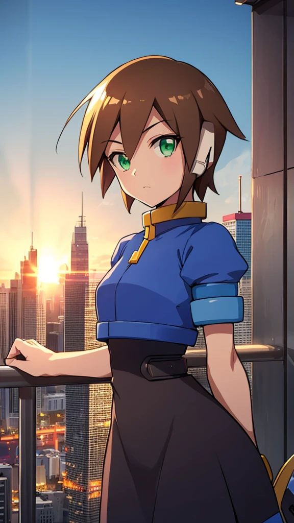 Aile_megamanzx, Green eyes , Brown hair, retro city background, Evening dress 