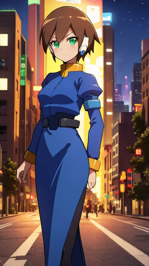 Aile_megamanzx, Green eyes , Brown hair, retro city background, Evening dress