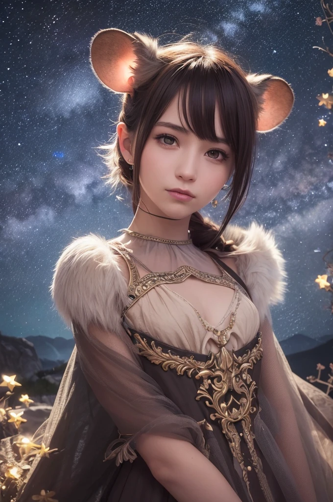 /imagine prompt: An enchanting fantasy portrait of a mouse-girl with mouse teeth, tail, ears, and whiskers, no human ears, set against a deep starry night sky. The starlight gently illuminates her features, creating a magical atmosphere. Created Using: fantasy portrait, high-detail, starry night background, soft and warm lighting, intricate fur textures, fantasy art techniques, hd quality, natural look --ar 1:1 --v 6.0