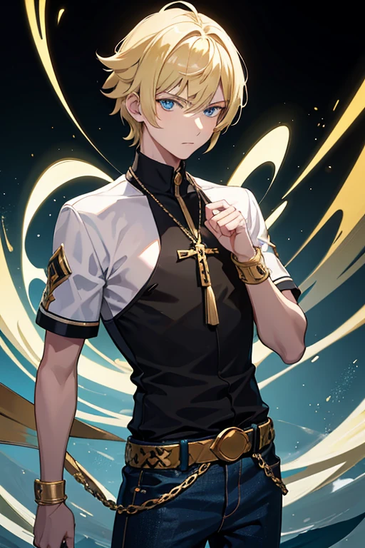 Tartaglia from Genshin Impact, boy, 16 years old, blonde hair with short bangs, blue eyes, black shirt with green stripe, necklace with golden cross, blue jeans, light black belt, profile looking directly at the viewer, white background.