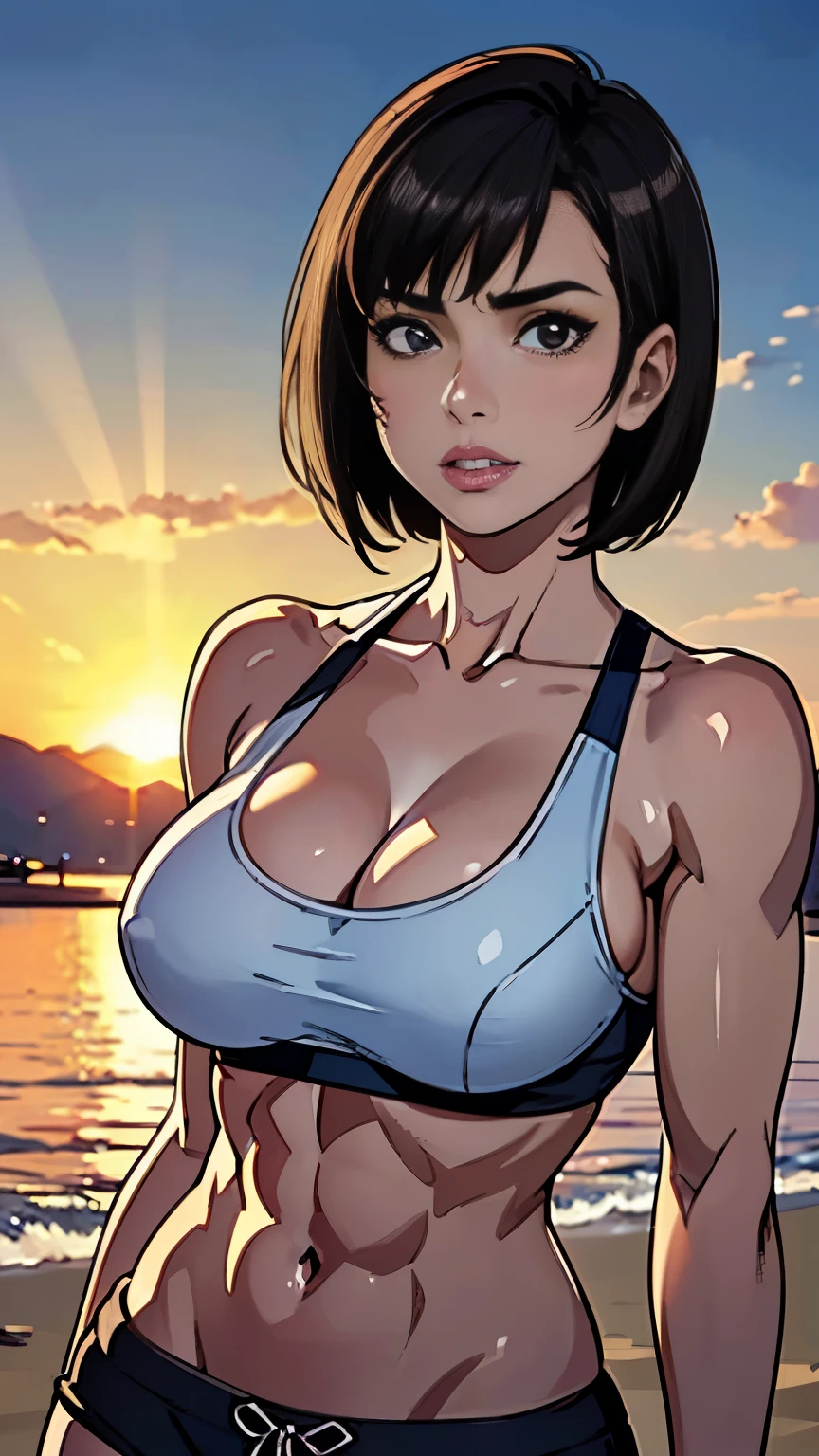 photo of mlp Meowko, RAW, beautiful woman, ((portrait)), ((detailed face:1.2)), ((anime, face, anime facial feature, clear skin, glossy lips, shiny luscious lips, clear skin), (short lesbian haircut, brunette: 1.55), (perfect proportioned body, Strong, muscular, narrow waist, narrow hips, skinny, large breasts, cleavage) (wearing sports bikini, short shorts), (Beach sandy, sunset on the water, evening), (realistic photo, best quality, detailed), (8k wallpaper), (cinematic lighting, beautiful light, (day:1.3)) (sharp focus, intricate)