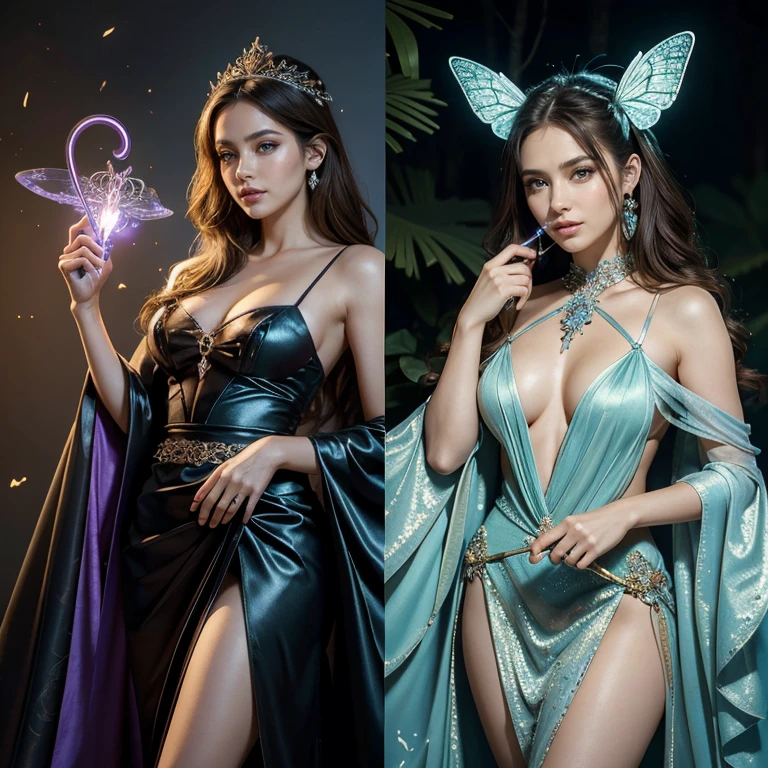 (​masterpiece, best quality:1.5), highest quality, High resolution, super detailed, Realists, Upper body photo of a brunette sorceress, detailed and beautiful eyes, beautiful detailed lips, very detailed eyes and face, longeyelashes, shiny satin dress, Holding a wand in your hand and performing a transformation spell, Magic wands present and shiny, Beautiful and colorful makeup, elegant and noble々The jewelry bag, Gardens as background, soft daylight, bright colors, fine brushstrokes, Portrait style, Silk dress fabric, beautiful color palette, glowing skin, First-class rendering, that captures every detail, enchanting atmosphere, subtle shadows and lights, (perfect anatomy:1.2), (The two stunning sorceresses transform spiders into butterflies with their glowing magic wand (a transformation with the magic wand:1.4), (magnificent panorama view:1.2)