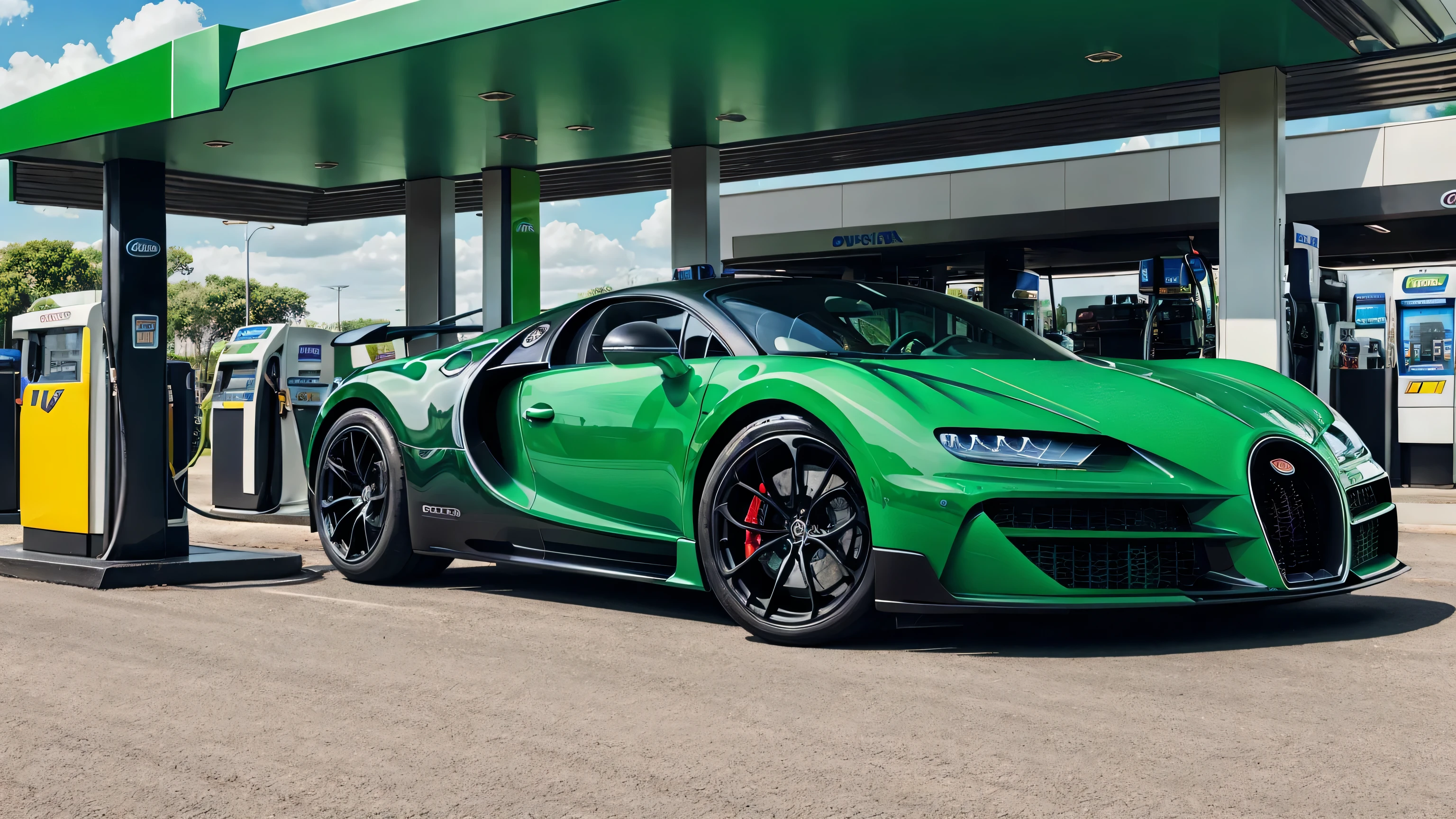 A green colored Bugatti car is parked at a modern petrol station.hyper-realistic 