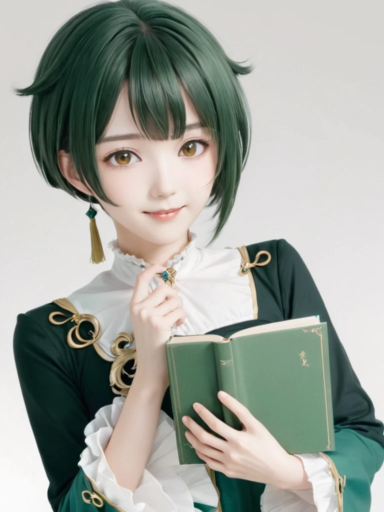 Xingqiu_\(Genshin Impact_Impact\), 一人in, Book, white_background,greenいhair,Medium chest,single_Earrings, Holding_Book, Earringss, jewelry, 1人のfemaleの子, green_hair, Simple_background, Holding, female_concentrated, Frillsの_sleeve, upper_body, smile, Frills, length_sleeve, Looking_in_Audience, Closed_mouth, 前hair, yellow_eye, Tassel, flower, Open_Book, short_hair