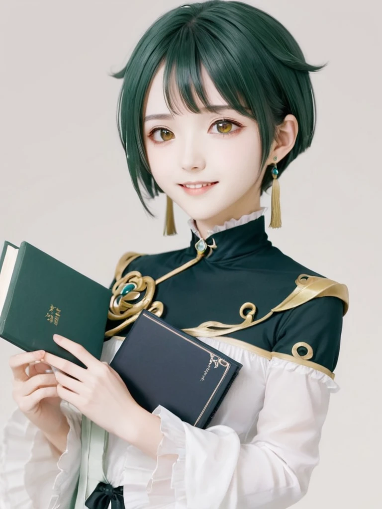 Xingqiu_\(Genshin Impact_Impact\), 一人in, Book, white_background,greenいhair,Medium chest,single_Earrings, Holding_Book, Earringss, jewelry, 1人のfemaleの子, green_hair, Simple_background, Holding, female_concentrated, Frillsの_sleeve, upper_body, smile, Frills, length_sleeve, Looking_in_Audience, Closed_mouth, 前hair, yellow_eye, Tassel, flower, Open_Book, short_hair