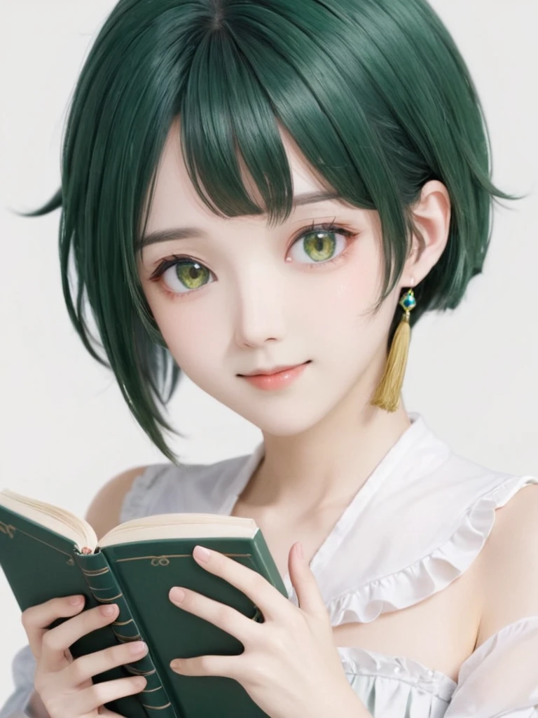 Xingqiu_\(Genshin Impact_Impact\), 一人in, Book, white_background,greenいhair,Medium chest,single_Earrings, Holding_Book, Earringss, jewelry, 1人のfemaleの子, green_hair, Simple_background, Holding, female_concentrated, Frillsの_sleeve, upper_body, smile, Frills, length_sleeve, Looking_in_Audience, Closed_mouth, 前hair, yellow_eye, Tassel, flower, Open_Book, short_hair