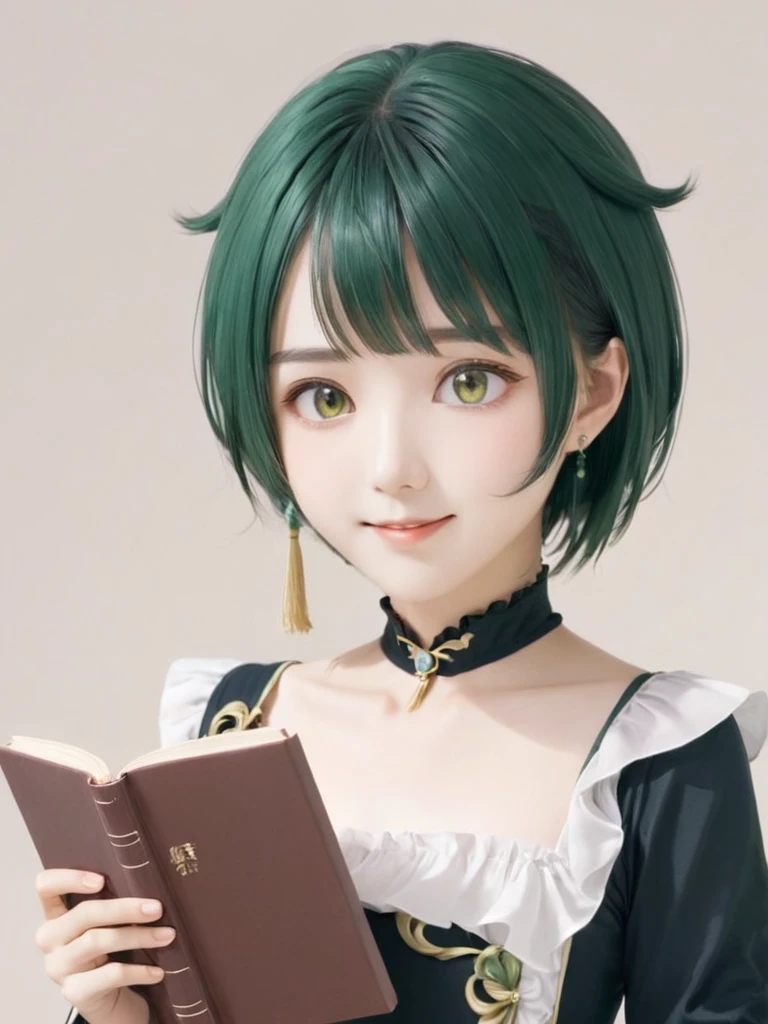 Xingqiu_\(Genshin Impact_Impact\), 一人in, Book, white_background,greenいhair,Medium chest,single_Earrings, Holding_Book, Earringss, jewelry, 1人のfemaleの子, green_hair, Simple_background, Holding, female_concentrated, Frillsの_sleeve, upper_body, smile, Frills, length_sleeve, Looking_in_Audience, Closed_mouth, 前hair, yellow_eye, Tassel, flower, Open_Book, short_hair