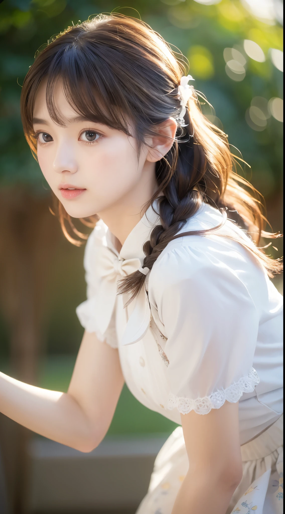 (masterpiece), (最high quality), (Very detailedな), (Best Shadow), (photoRealistic:1.4), Frilled blouse, skirt, white ankle socks, (((((A long shot of a woman walking slowly))))), high quality, masterpiece, Very detailedな, High resolution, 4K, 超High resolution, Detailed Shadows, Ultra-realistic, Dramatic lighting, One Girl, alone, Detailed face, Realistic eyes, Realistic Skin, Dynamic Hair, Dynamic pose, Dynamic Angle, White floral dress, White Background, Urzan-6500-v1.1, (RAW Photos:1.2), ( Realistic:1.4), Beautiful detailed girl, Very detailed eyes and face, Beautiful attention to detail, Ridiculous, incredibly Ridiculous, Large file size, Very detailedな, High resolution, Very detailed, 最high quality, (Bright interior), (Soft Light), (Low contrast), (Shallow depth of field), (portrait of a beautiful woman illuminated by gentle light), (Very delicate and elegant depiction), (Short bangs), (Hair color is dark chestnut with a slight brown tinge), (Hair with subtle and gentle waves), (Small, intricate braids on the side of long hair), (Decorated with thin ribbons), ( White blouse with small frills), (bow tie), (青いロングskirt), (White short ankle socks), shape, Very detailed, CG, Unified, 8k wallpaper, wonderful, Finer details, 最high quality, Very detailed CG Unified 8k wallpaper, Face Light, Cinema Lighting, One Girl, 16 years old,
