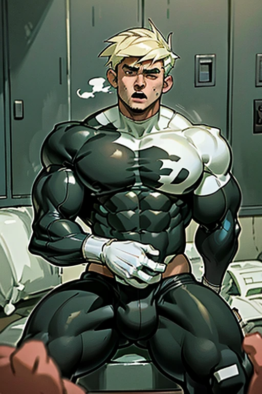 Danny Fenton surrounded by steam and hypnotic gas sitting on a wooden bench with brainwashed football jocks sitting on either side of him as he struggles not to be brainwashed as he is assimilated into their team while breathing in hypnotic gas. Turning into stereotypical football jock just like Dash Baxter. Black hair partially turned blonde. hyper muscles. Big biceps. Big triceps. Big traps. big lats. big deltoids. Big meaty pecs. Swollen hyper crotch bulge. Tenting crotch. Open mouth. Mindless blank stare. IQ drain. Dumber and dumber. big dumb jock. Jock assimilation. Hypnosis. Hypnotic trance. Brainwashing. Brainwashed. Hypnotized. Entranced. Jock assimilation. Jock conversion. Meathead. Musclehead. Brute. Bro. "Feeling ... kinda funny, like ... like my head is ... empty ... No thoughts, just ... just listen to Coach ... listen and ooohhhh NO! Focus, Danny! I have to resist. Have to ... break free.... Have to ... have to..... I ... m-must.... I ... must.... Can't stop thinking ... about ... football. Stop it! Stop it! Stop ... thinking! Stop ... stop.... Stupid jocks.... Stupid football! Stupid ... dumb.... Empty.... Must fill.... Listen ... to fill...." Speaking in a monotone. "Listen, ... repeat, ... conform, ... obey.... Coach's words...." Speaking in unison with the other jocks in the locker room. "I am sweaty. ... I am horny. ... I am sexy. ... I am dumb.... I'm just a mindless.... I'm just an empty, ... stupid, ... strong jock... We are sweaty. ... We are horny. We are sexy. ... We are dumb. We are just mindless. We are just empty, ... stupid, ... strong jocks.... Love sports ... workouts ... big muscles.... Put nerds in their place.... Give wedgies ... Give swirleys ... shove them in lockers.... Want to.... Need to.... Because I am an empty ... stupid ... strong jock.... I am sweaty. I am horny. I am sexy. I am dumb...." Repeating over and over. Football team assimilation. Jock assimilation. Brain drain. Stubble on cheeks and jaw.