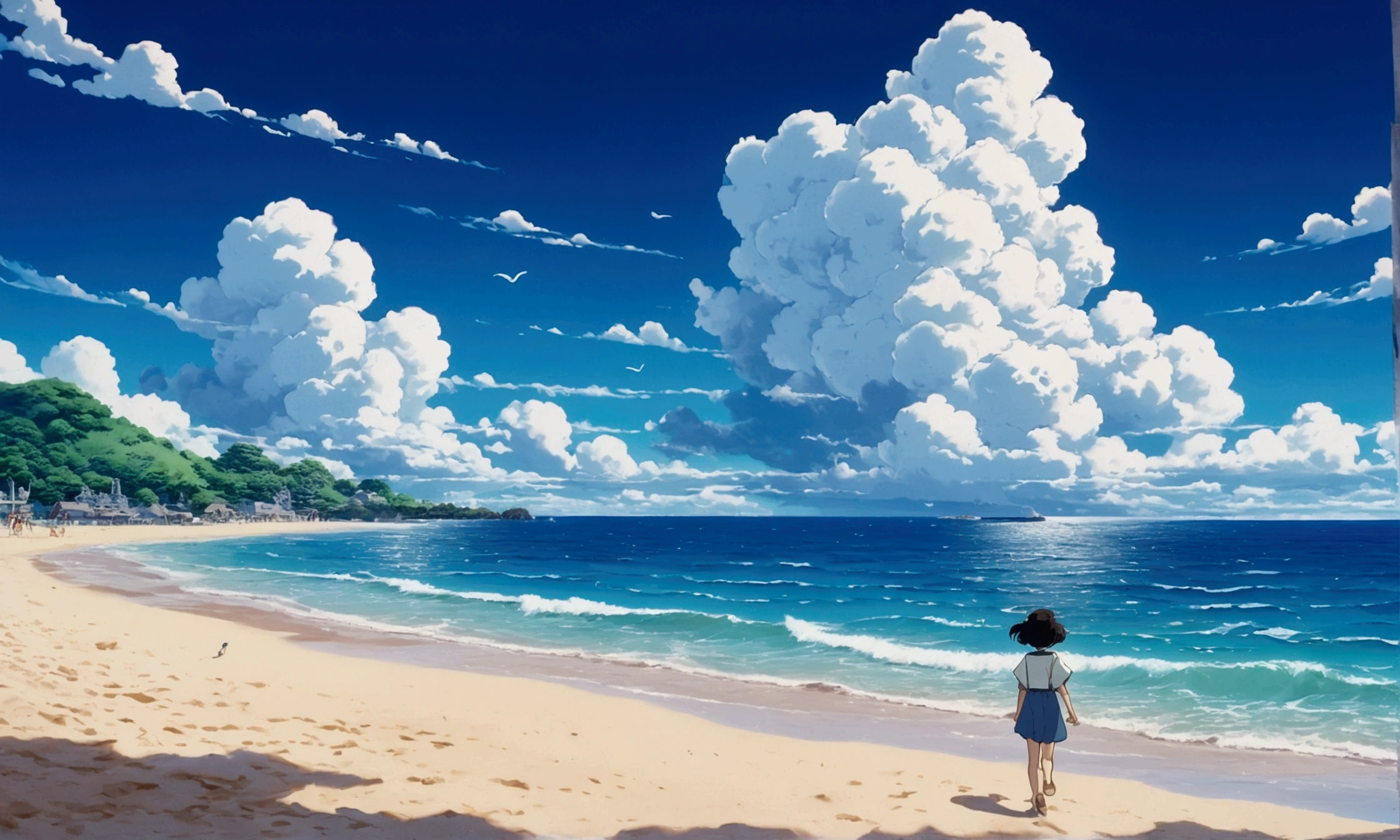 Ultra-high resolution,80s aesthetic anime ,outline,Studio Ghibli,Turn your back on the viewer,Walking along the beach,White cloud,Deep Blue Sea,Anime Bloom Effect,Soft lighting,CG particle effects 4K resolution