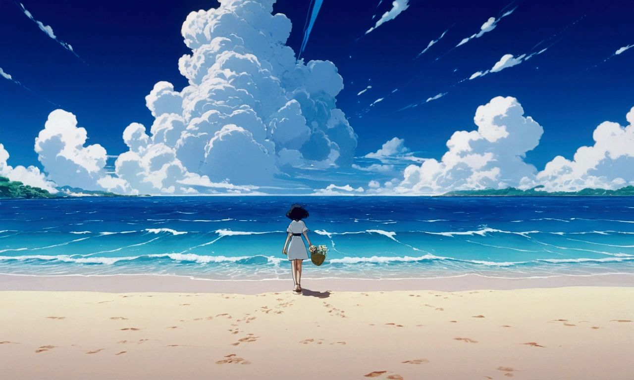 Ultra-high resolution,80s aesthetic anime ,outline,Studio Ghibli,Turn your back on the viewer,Walking along the beach,White cloud,Deep Blue Sea,Anime Bloom Effect,Soft lighting,CG particle effects 4K resolution