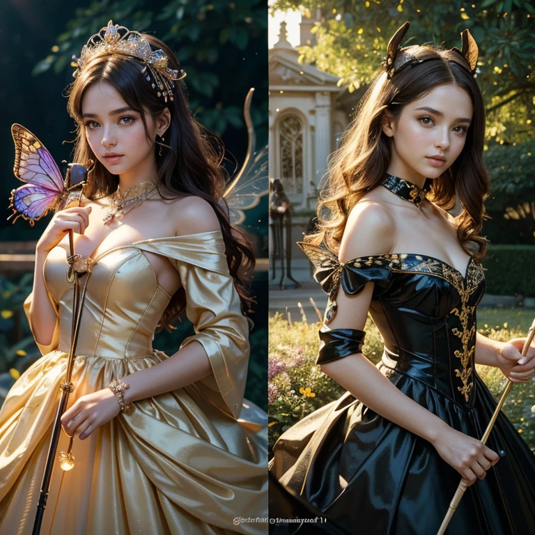 (masterpiece, best quality:1.5), highest quality, High resolution, super detailed, Realists, Upper body photo of a brunette young magical girl, detailed and beautiful eyes, beautiful detailed lips, very detailed eyes and face, longeyelashes, shiny satin dress, Holding a magic wand in your hand, Cast a transformation spell, With her stick she turns wasps into butterflies, Glowing wands available,Beautiful and colorful makeup, elegant and noble々The jewelry bag, Gardens as background, soft daylight, bright colors, fine brushstrokes, Portrait style, Silk dress fabric, beautiful color palette, glowing skin, First-class rendering, that captures every detail, enchanting atmosphere, subtle shadows and lights, (perfect anatomy:1.2), (The stunning Magical Girl turns wasps into butterflies. on the table(a transformation with the magic wand:1.4), (magnificent panorama view:1.2)