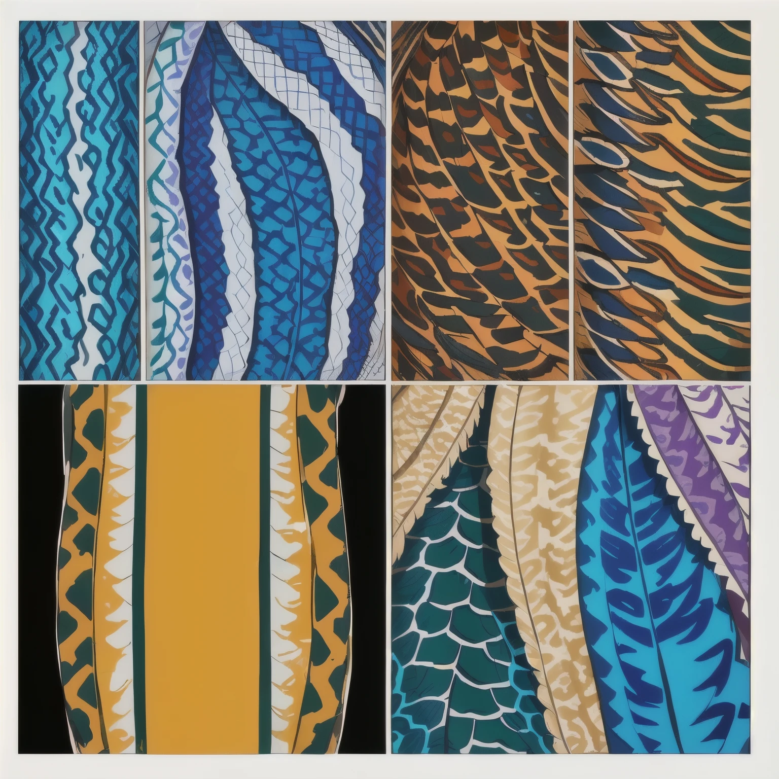 four different patrones of different colors and texturas, various origins, detailed colored texturas, colorful patterns, animal print pattern, Snakes, tigre, feathers, Scales