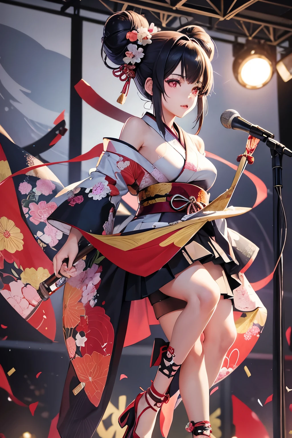 Full body shot of an anime female character playing guitar on stage. She is wearing traditional Japanese clothing of kimono, long skirt and high heels, her hair is in twin tail bun, she has tattoos on her arms, her eyes are dark red, she has a white headband and her expression is confident. Anime style, concert scene background, highly detailed and best quality digital art.