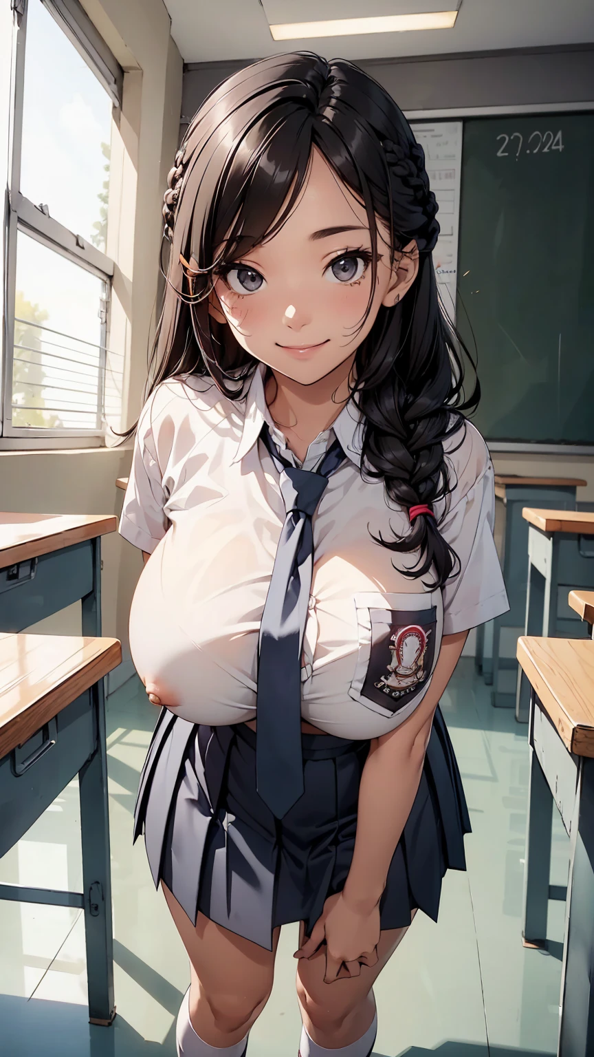 Girl, (long black hair, french-braid hairstyle), sexy body, black eyes, Indonesian high-school uniform, (neck tie, long white socks, white shoes), osis logo on shirt pocket, (huge breasts: 1.4), light-grey pleated skirt, full body shot, smiling, in the classroom, high quality, high resolution, very detailed, taking a selfie photo, full body, close up shot