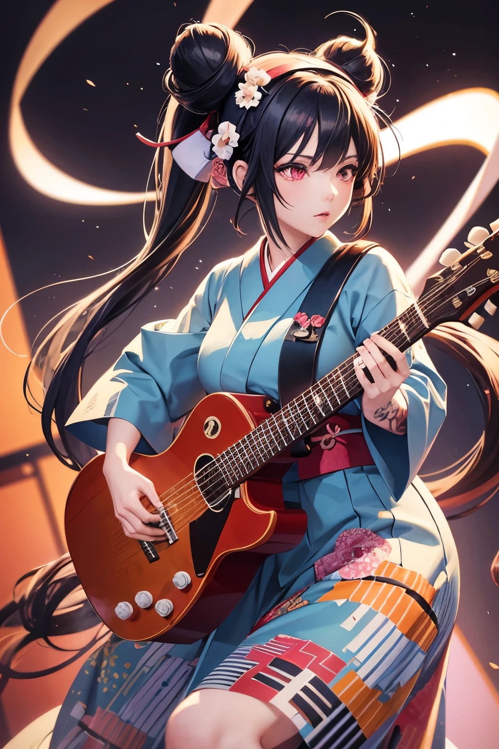 Full body shot of an anime female character playing guitar on stage. She is wearing traditional Japanese clothing of kimono, long skirt and high heels, her hair is in twin tail bun, she has tattoos on her arms, her eyes are dark red, she has a white headband and her expression is confident. Anime style, concert scene background, highly detailed and best quality digital art.
