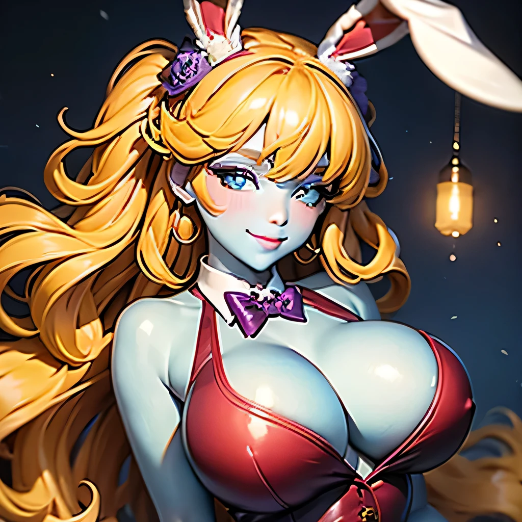 ((masterpiece,best quality,ultra-delicate,Perfect Face,16k,high resolution,very beautiful woman)),(blue skin:1.2,red sleeveless jacket), purple panties,bunny ears,large breasts,purple bowtie,gold long hair,smile,standing