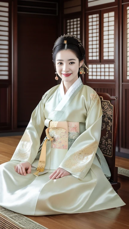 Woman wearing Chinese clothing, Upper body Sitting pose, on Wooden Chair ,looking at viewer, Korean, 30 years-old, One of the three most beautiful women in the Korean, A beauty known all over the world, (Black hair, beautiful lip, smile, earring ), (middle breasts, slender whist, wide hip ) ,(Silk Korean Hanbok clothing ,background wear color is White), Royal cloth, Korean shoes ), ancient Korean Library,in king Place (masterpiece, highest quality, High resolution, Photo realistic, sharp, RAW Photos, 8k wallpaper, perfection, Professional Lighting, Very detailed)
