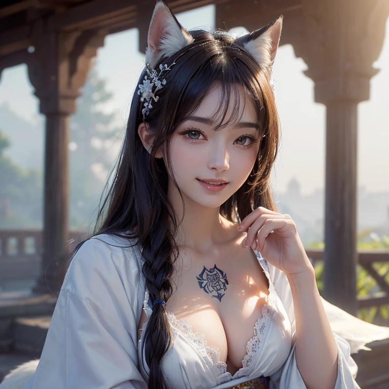Hiding in an ancient shrine、Hair flow、 ((highest quality、masterpiece、8k、Best image quality、Ultra-high resolution、Award-winning works)、(Accurate anatomy:1.1)、(Look at me and smile:1.1)、Shining fair skin with Ultra-high resolution、The most detailed face、Ultra-high resolution detailed face、Ultra-high resolutionの髪の毛、(Ultra-high resolutionの煌めく瞳:1.1)、Beautiful face drawn in every detail、(Blurred Background:1.1)、Ancient maiden costume, Chest to chest, tattoo、Other than white fox