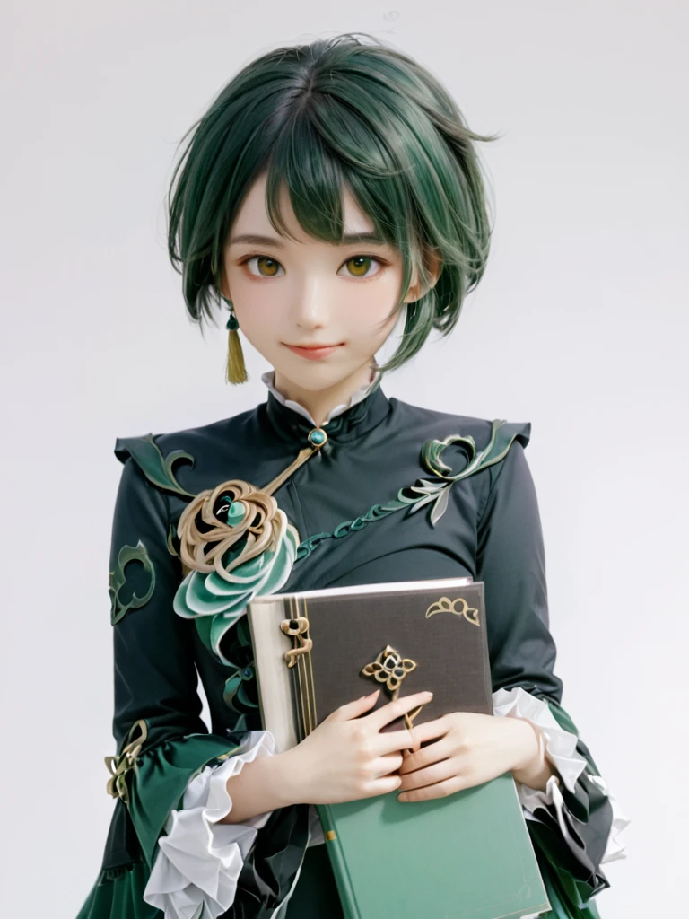 Xingqiu_\(Genshin Impact_Impact\), 一人in, Book, white_background.水色のhair,Medium chest,single_Earrings, Holding_Book, Earringss, jewelry, 1人のfemaleの子, green_hair, Simple_background, Holding, female_concentrated, Frillsの_sleeve, upper_body, smile, Frills, length_sleeve, Looking_in_Audience, Closed_mouth, 前hair, yellow_eye, Tassel, flower, Open_Book, short_hair