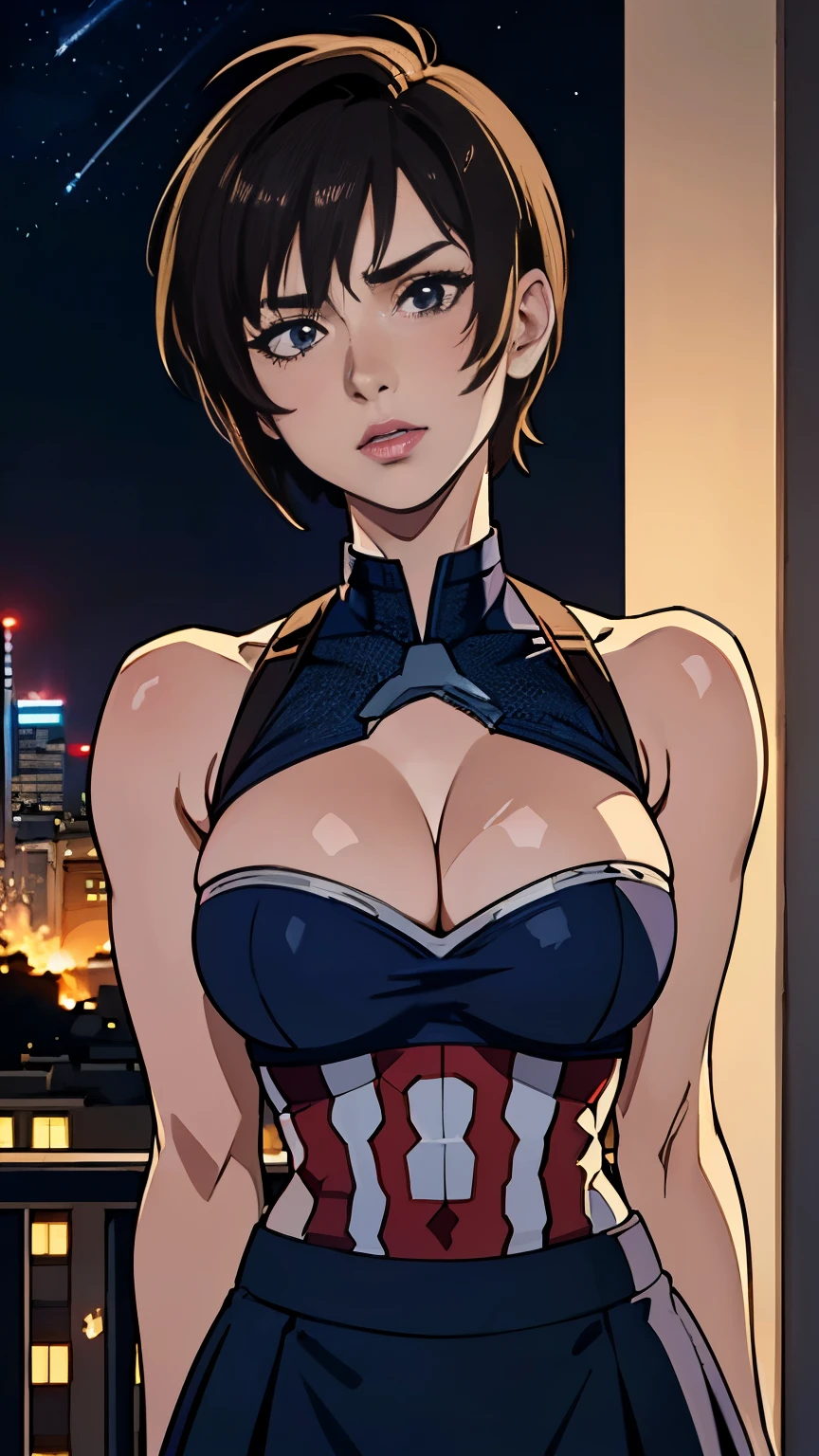 photo of mlp Meowko, RAW, beautiful woman, ((portrait)), ((detailed face:1.2)), ((anime face, anime facial feature, clear skin, glossy anime lips, clear skin), (short messy lesbian haircut, brunette: 1.55), (perfect proportioned body, Strong, muscular, narrow waist, narrow hips, skinny, large breasts, cleavage), arched back, (revealing clothes, wearing Short skirt in Captain America style bralet), (city balcony, midnight city, stary sky), (realistic photo, best quality, detailed), (8k wallpaper), (cinematic lighting, beautiful light, (night:1.3)) (sharp focus, intricate)