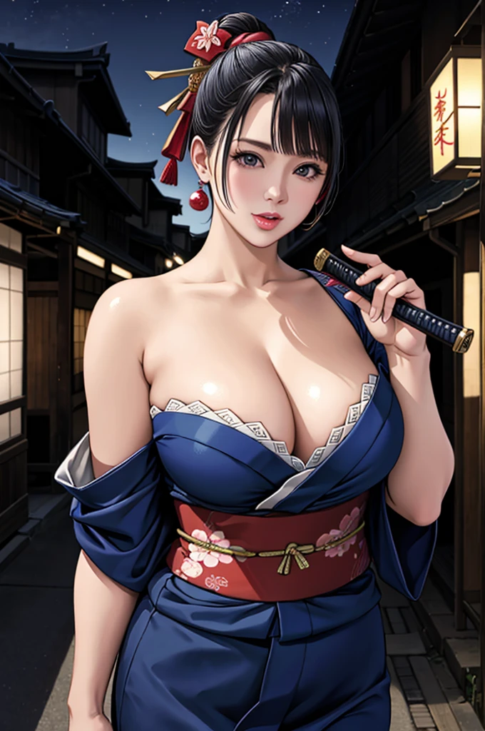 (Browsing Caution), (RAW Photos), (Realistic), (Photorealistic), Ultra-high resolution, masterpiece, Highest quality, Portraiture, facial Portraiture, Perfect lighting, Detailed lighting, Dramatic Shadows, Ray Tracing, Pure Eros Face_v1, Urzan-6500-v1.1, ((holding a Katana)), looking at viewer, ((wearing a sexy kimono)), ((in old Japanese street)), (((bare shoulders))), ((night)),
