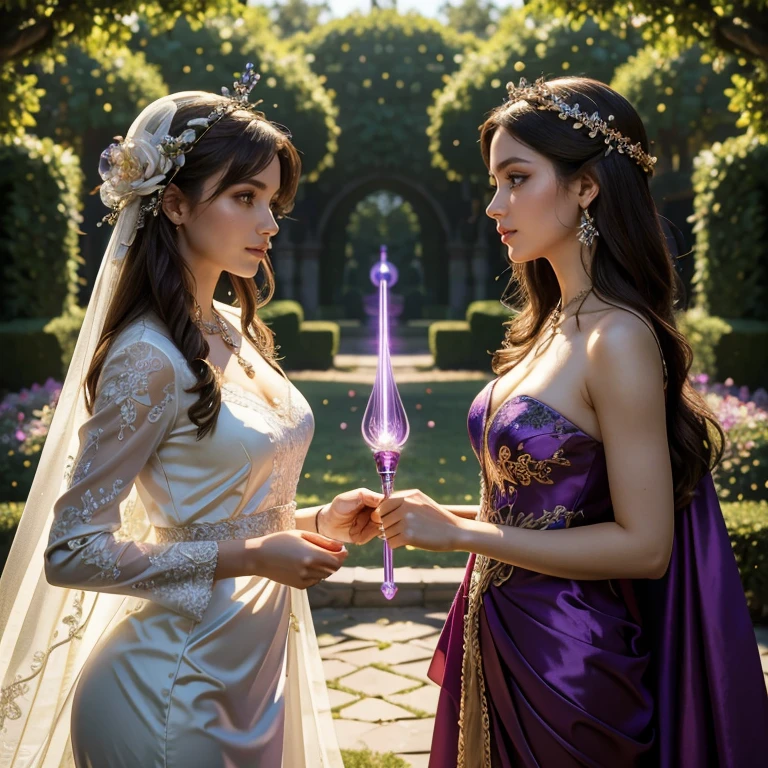 (masterpiece, best quality:1.5), highest quality, High resolution, super detailed, Realists, Upper body photo of a brunette sorceress, detailed and beautiful eyes, beautiful detailed lips, very detailed eyes and face, longeyelashes, shiny satin dress, Holding a wand in your hand and performing a transformation spell, Magic wands present and shiny, Beautiful and colorful makeup, elegant and noble々The jewelry bag, Gardens as background, soft daylight, bright colors, fine brushstrokes, Portrait style, Silk dress fabric, beautiful color palette, glowing skin, First-class rendering, that captures every detail, enchanting atmosphere, subtle shadows and lights, (perfect anatomy:1.2), (The two stunning sorceresses transform flowers into jewelry with their glowing magic wand (a transformation with the magic wand:1.4), (magnificent panorama view:1.2)