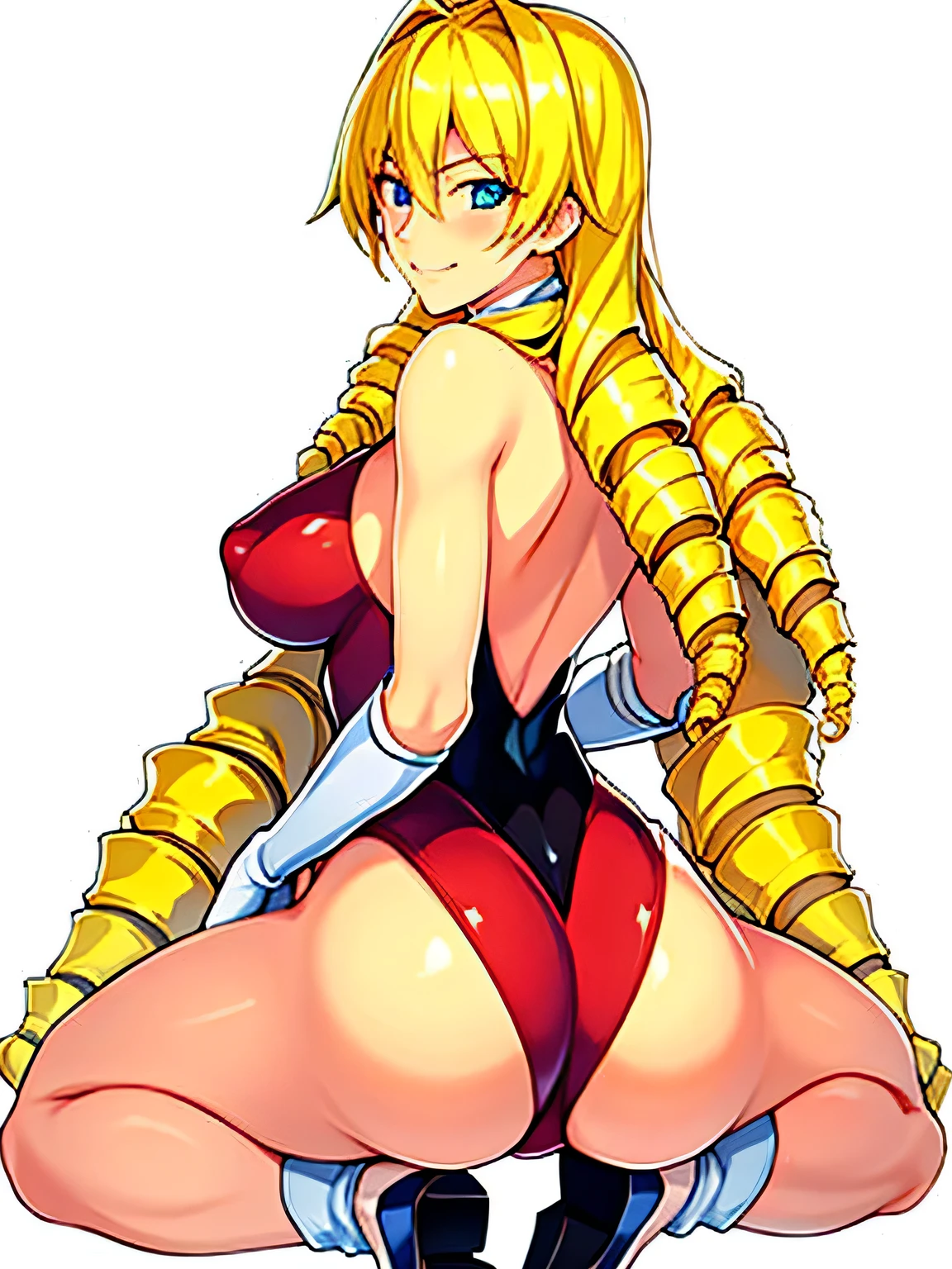 masterpiece, 最high quality, high quality, High resolution, High quality texture, high qualityの影, Sharp focus,(bionde), (Drill Hair), (Blue eyes), (Naughty smile), (Close your mouth), Full body portrait、Big Breasts、Transparent nipples、Detailed Background、Detailed costume、Ryuzoji Himeno(School Hypnosis Slave)、Sweaty、Brainwashed Ryuzoji Himeno、Crotch stain、blush、Hot Breath、Shooting from behind、Looking back、Butt Emphasis、Ice Skating Leotards:1.5