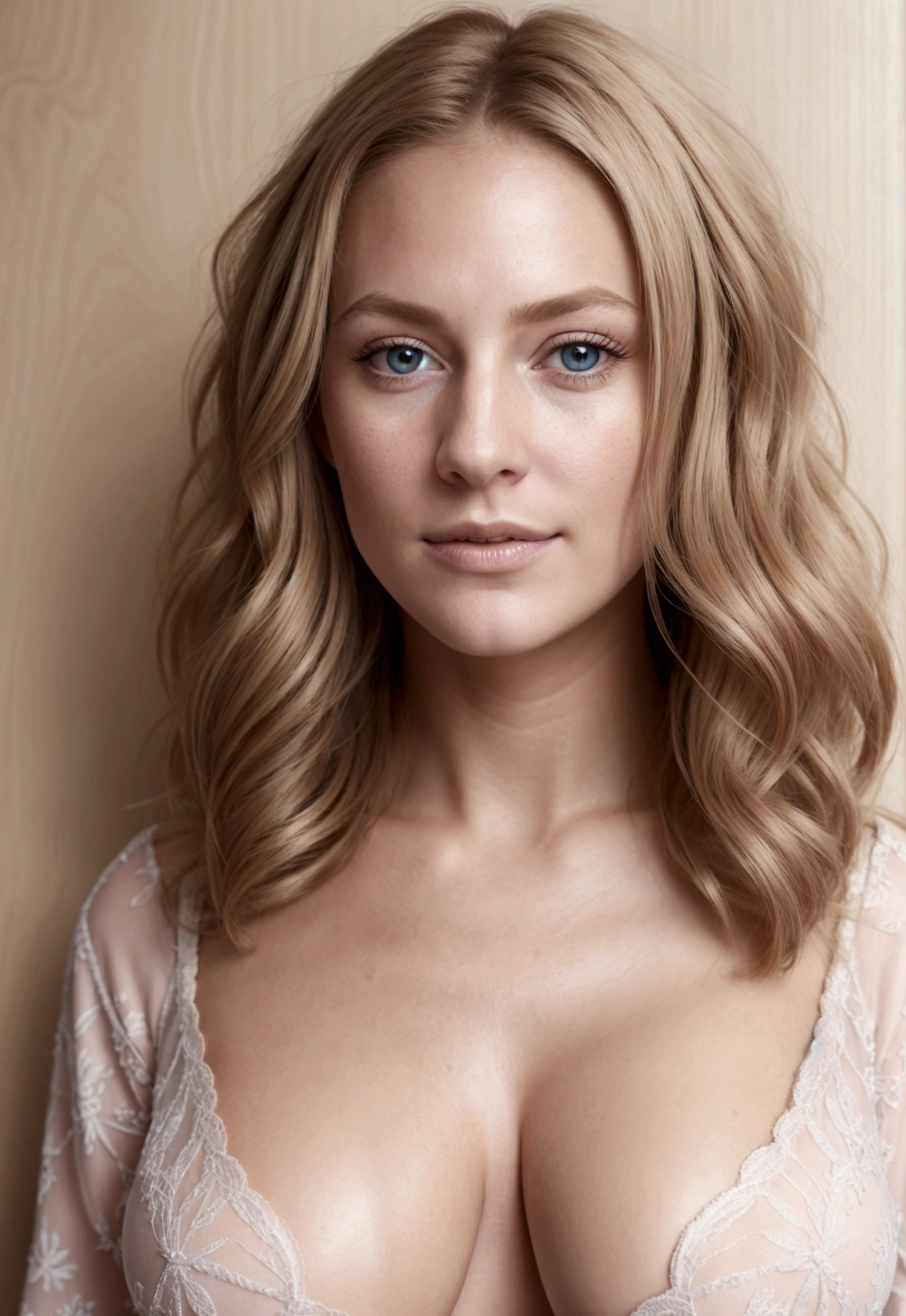 1 girl named Jocelyn, german, blonde, shy shy, wearing long-sleeved sweeter, She is hugging herself while standing against a wall in the bedroom, (beautiful medium breasts, corte de cabelos estilo camadas blondes, lightbrown eyes, delicate and symmetrical face, deep skin) , full body view, ultra-realistic image, perfect symmetry, vibrant and clear, dynamic view, high level of detail and definition, 1200 PPI - Photographic resolution with greater color realism, hyper realist, high fidelity, cinematic, 8K UHD image resolution.