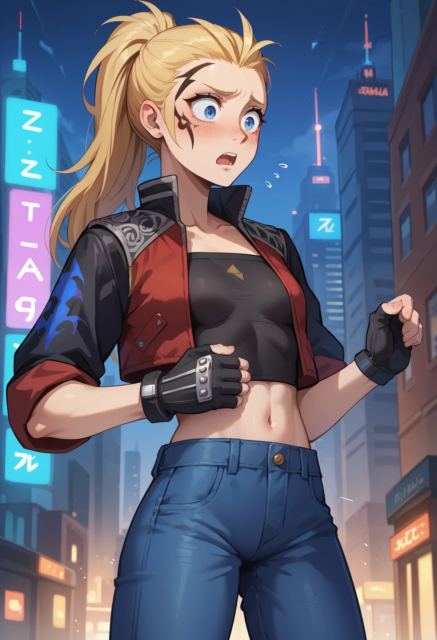 score_9, score_8_up, score_7_up, 1girl, solo, zell, (small breasts), slender body, solo, blue eyes, gloves, jacket, blonde hair,  long hair, tattoo, gloves, facial tattoo, red jacket, black jacket, two-colours jacket, black shirt, fingerless gloves, denim, standing, stiff hands, shocked face, blushing, nervous, shaking, open mouth, hands on breasts, looking down, city,