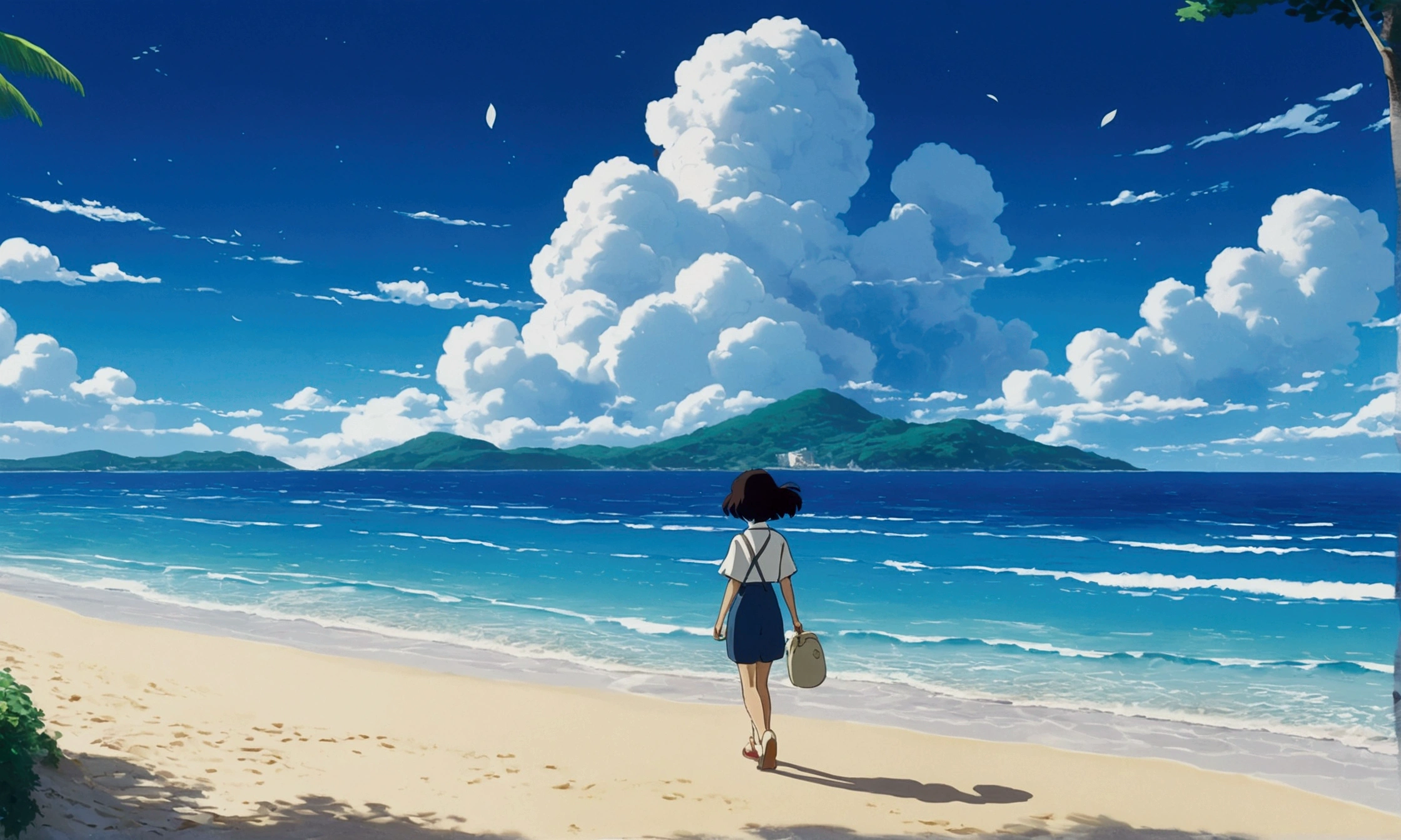 Ultra-high resolution,80s aesthetic anime ,outline,Studio Ghibli,Turn your back on the viewer,Walking along the beach,White cloud,Deep Blue Sea,Anime Bloom Effect,Soft lighting,CG particle effects 4K resolution