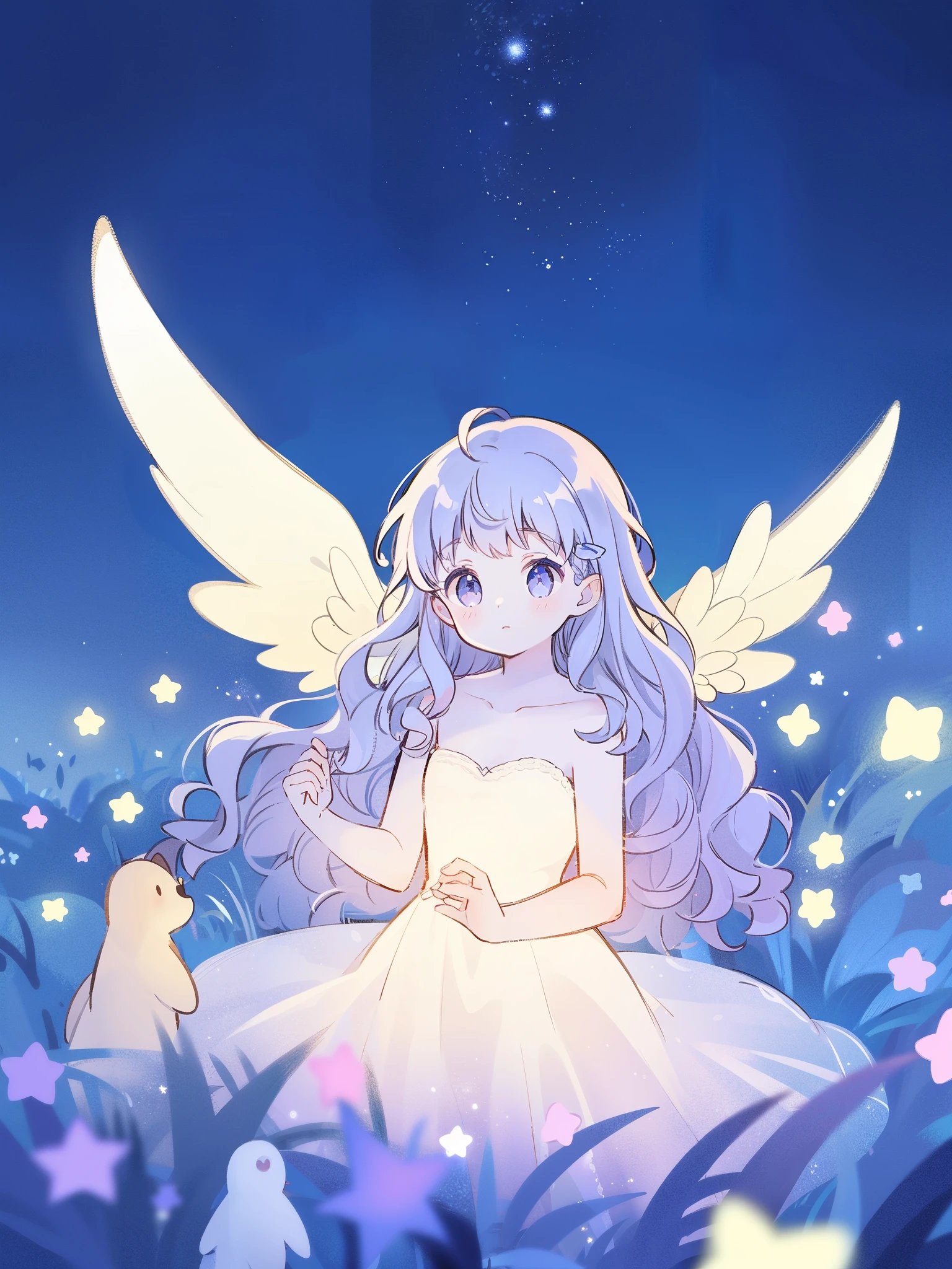 nude angel girl wearing an ethereal translucent dress, pale skin, ((wavy gradient blue purple hair)), white feathers, angel wings, sparkling detailed eyes, golden ratio face, perfect composition, highly detailed, ethereal, (starry night sky background), midjourney style