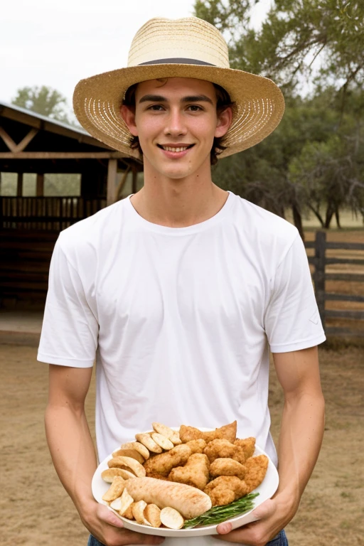 Young handsome cute beautiful skinny white face shirtless winged his grandmother humble ranch hat feeding corn to many chickens
